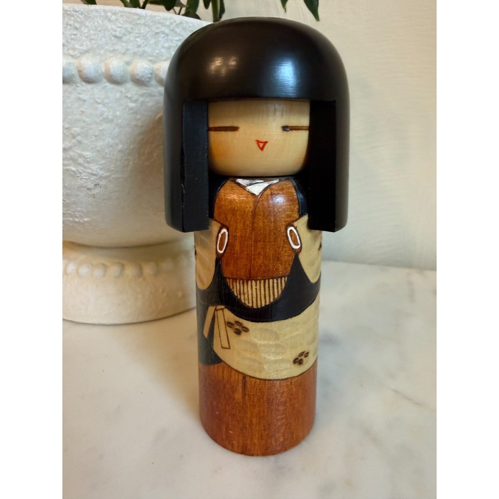 Japanese Wooden Kisaku Doll 5" Signed Collectable Mint Condition Cute